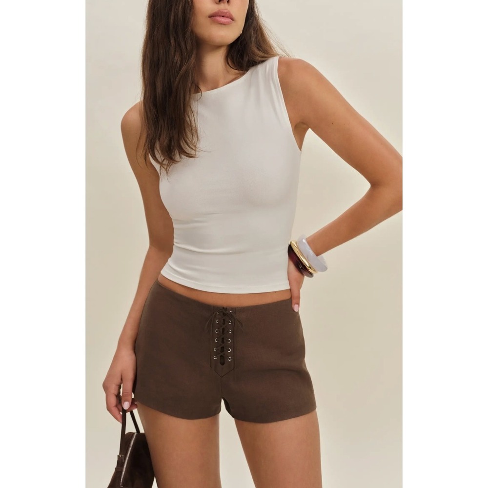 Reformation Quin Linen Mini Short Chocolate Cake Brown Lace Up Front Size 12 NEW